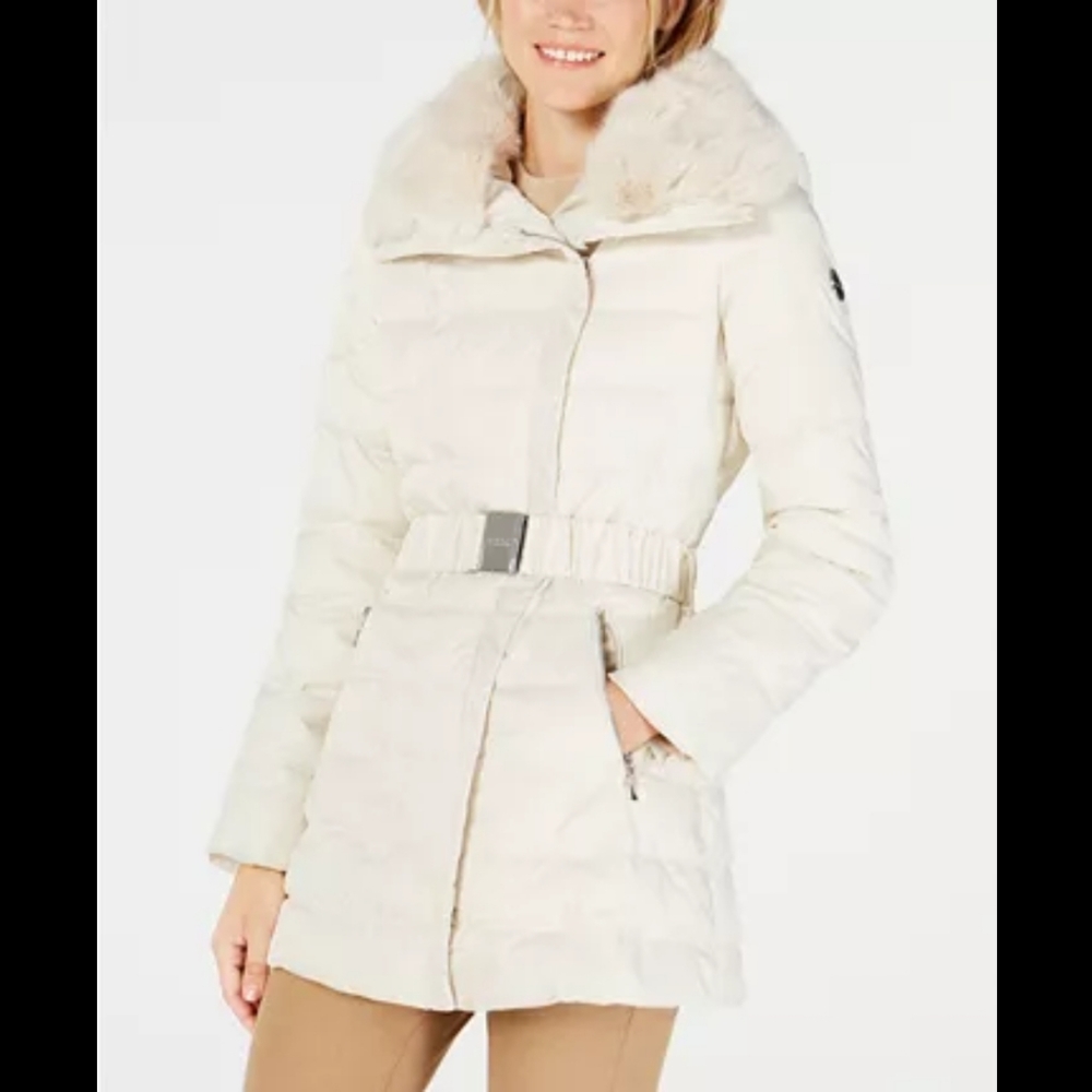 White Faux-fur-collar Asymmetrical Puffer Coat